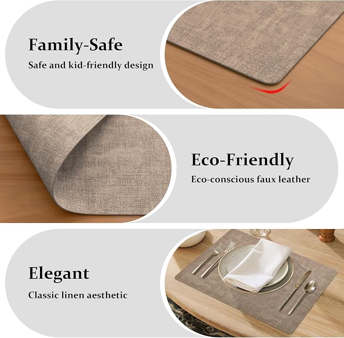 FROMHEART Faux Leather PU Placemats Set of 8 (Light Coffee,11.8" x 17") | Waterproof,Heat/Oil Stain-Resistant Table Mat–Reversible,Non-Slip,Easy to Clean Place Mats for Kitchen,Dining,Indoor/Outdoor - Image 7