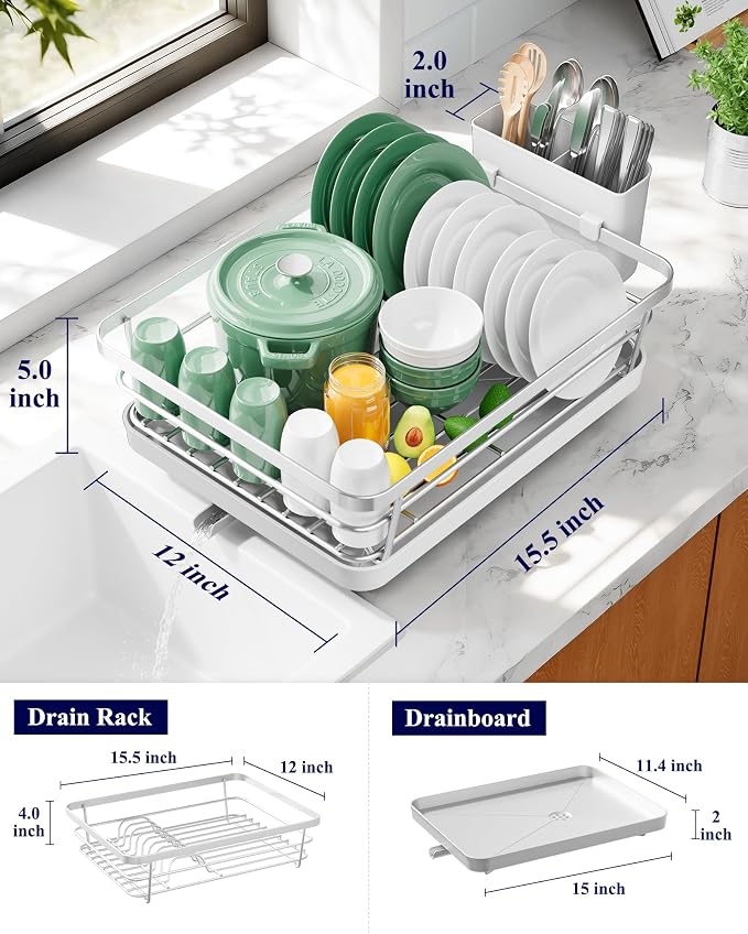 Kitsure Dish Drying Rack for Kitchen Counter, 12''W x 15.5''L, Silver | Stainless Steel Sink Organization, Cutlery Holder, Home and Appartment Decor - Image 2