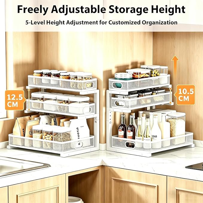 2 Pack Under Sink Organizer, 3-Tier Pull Out Kitchen Cabinet Organizer with 5 Adjustable Heights Metal Slide Out Bathroom Storage Makeup Drawer Rack for Bedroom Office Pantry Home Organization, White - Image 9