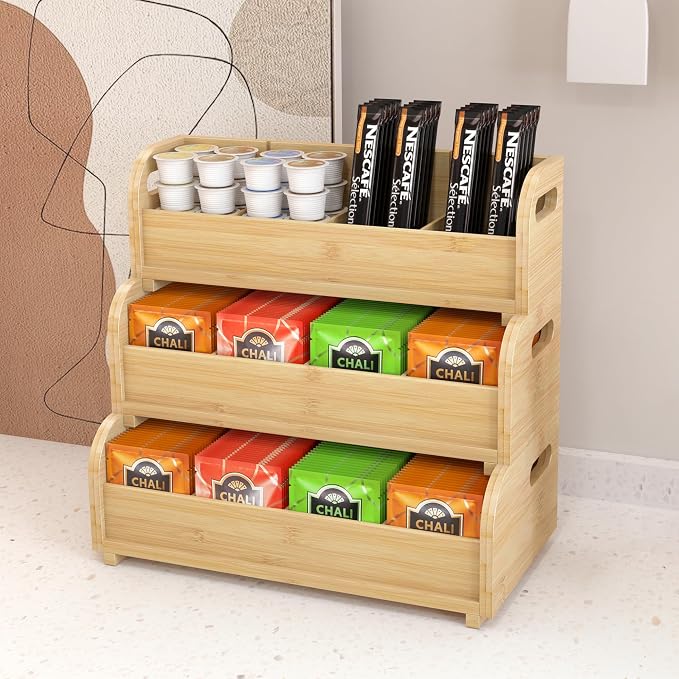 3-Tier Bamboo Tea Bag Organizer, Stackable Tea Holder for Countertop | Tea Box Rack with Removable Dividers, Wall Mount Large Capacity for Pantry Drawer Cabinet Kitchen Office Coffee Station - Image 8