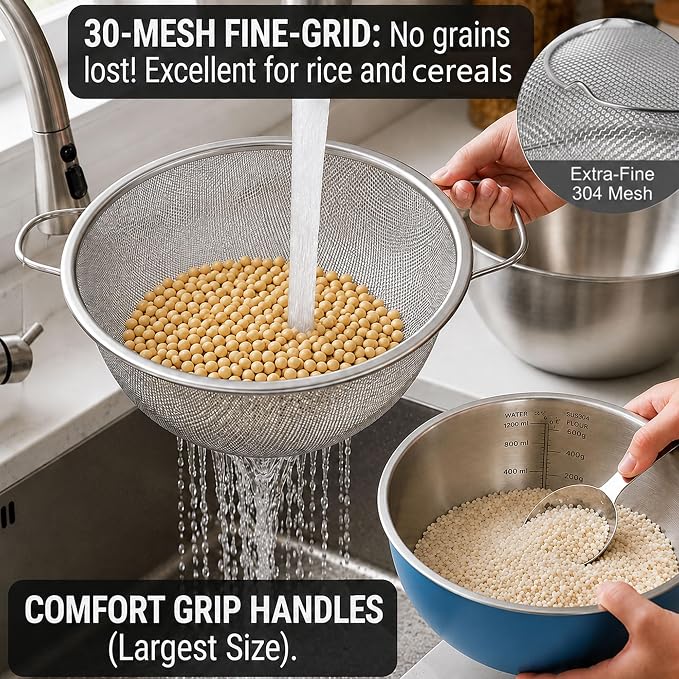 18/8 Stainless Steel Colander with Mixing Bowl, 3.5QT | 1 nesting mixing bowls with measurement marks and 1 fine 30-mesh strainers for rice,vegetables, pasta, baking, and food prep - Image 9