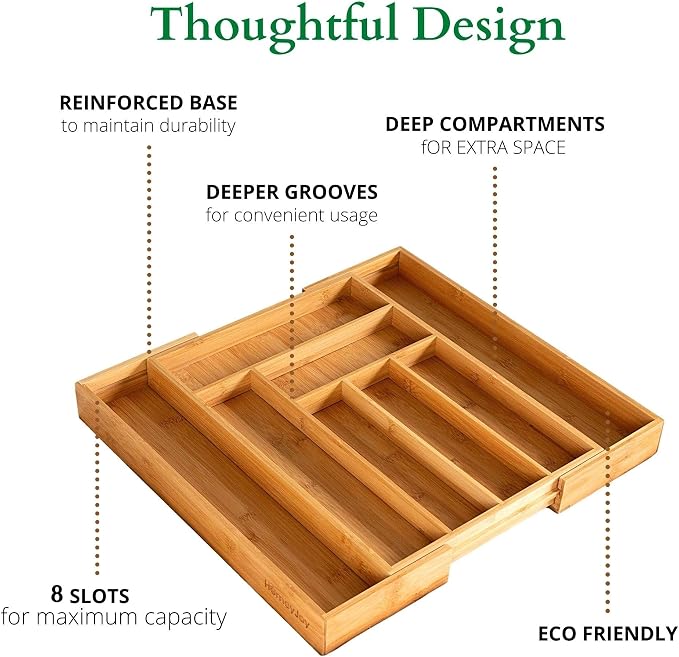 Bamboo Silverware Drawer Organizer - Expandable 100% Bamboo Cutlery Kitchen Drawer Organizer – Premium Wooden Utensil/Cutlery Tray for Kitchen Flatware Set– Eco-Friendly Silverware Organizer - Image 9