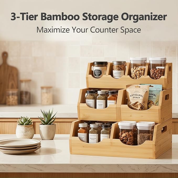 Upgraded 3-Tier Bamboo Pantry Storage Bins, Ventilated Stackable Potato & Onion Organizer w/ Spice Tray & 3 Veggies Baskets for Kitchen, Pantry, Bathroom & Living Room - Image 9