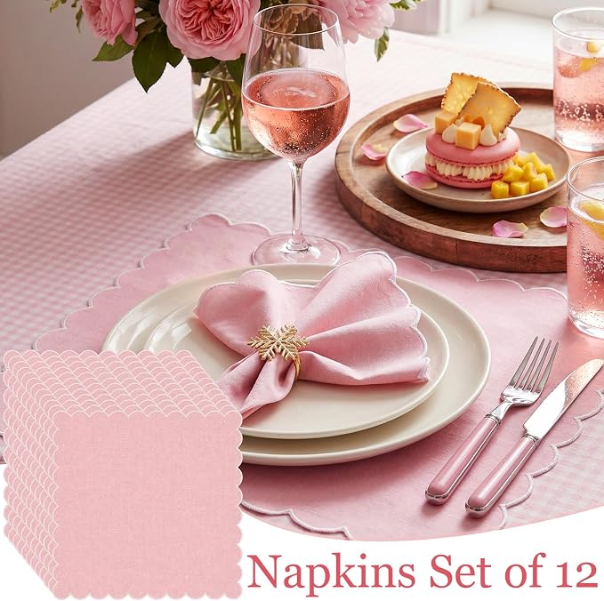 SmoothNovelty 12 Pack Buffalo Plaid Cloth Napkins 18x18 Inch Checkered Cloth Napkins Scalloped Soft Cotton Table Mat Washable Reusable for Dinner Wedding Holiday Birthday Parties (Cute,Pink) - Image 7