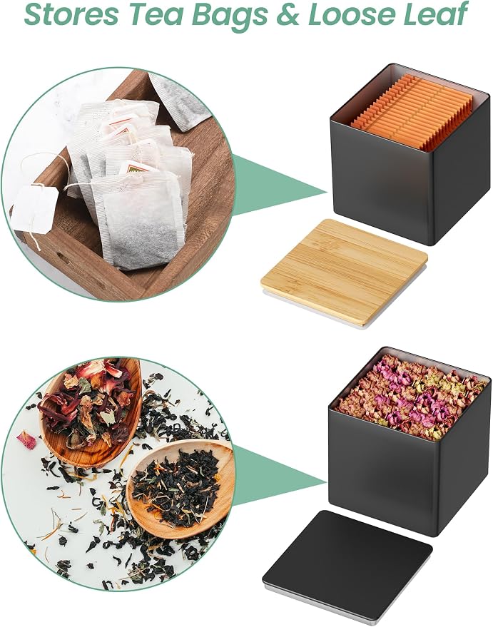 NiHome Tea Organizer Rack with 9 Airtight Canisters, Loose Leaf Storage | Dual Lids in Bamboo or Metal, Top Tray for Bags, Spices & Coffee, Labels & Marker Included for Kitchen Counter Display - Image 7