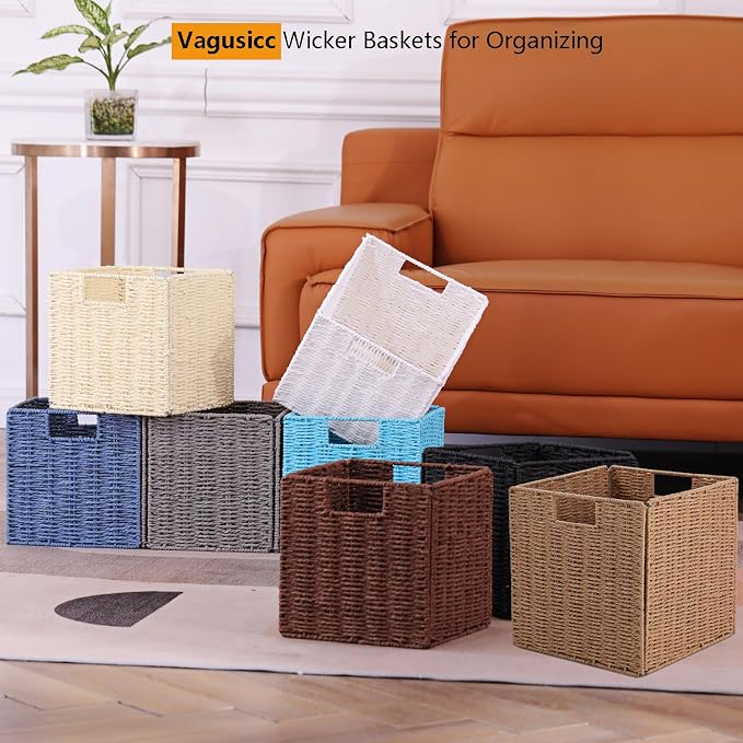 Wicker Storage Basket, Set of 2 Hand-Woven Storage Baskets for Shelves with Handles, Foldable Cube Storage Baskets Bins Organizer, 9 inch Wicker Baskets for Pantry Bedroom Decor, Beige - Image 5