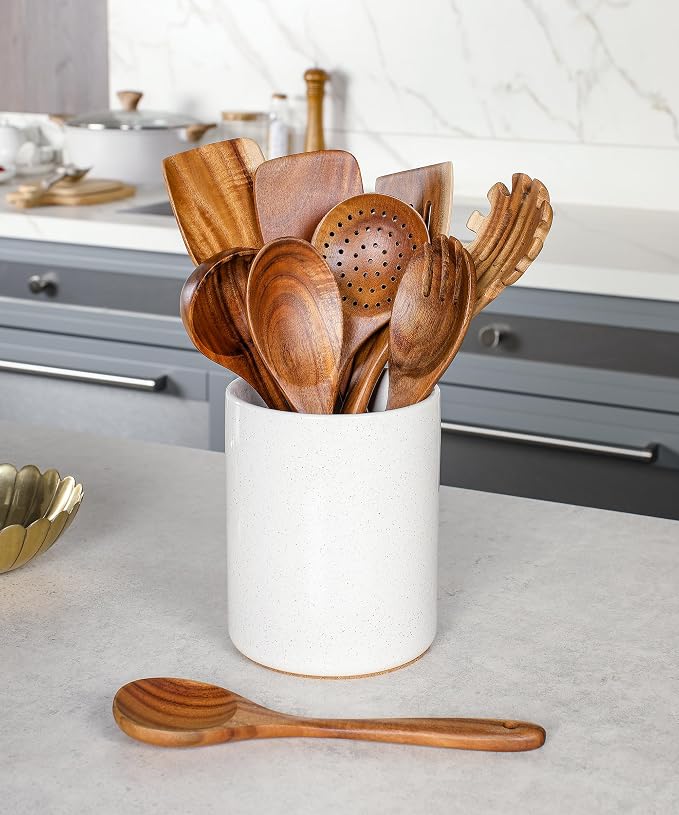 Wooden Cooking Utensils Set with Ceramic Holder,Teak Wood Utensils 10pcs | Holder for Countertop with Protection Cork Bottom,Nonstick Spoons, Cooking Spatula Set,Kitchen Decor, (Sand) - Image 9