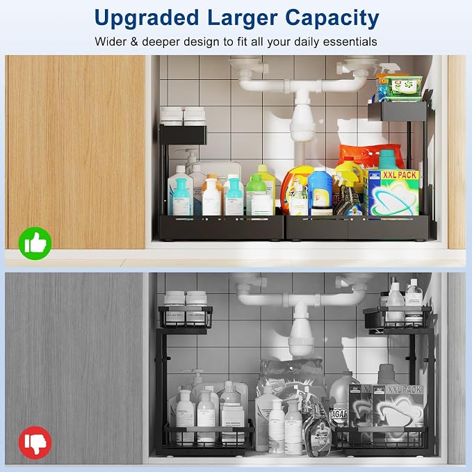 Insputer 2 Pack Under Sink Organizer, 2 Tier Under Cabinet Storage Expandable Width 9.8"-15" & Height Adjustable, Thickened Pull Out Shelf for Bathroom, Kitchen, Laundry, Pantry(Black) - Image 8