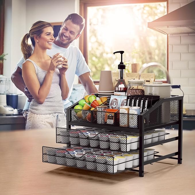 Coffee Bar Organizer - Coffee Station for Countertop, Metal and Wood K Cup holder Storage Basket for Syrup, Cups, Stirrer, Condiment, Tea Organizer, Black - Image 9
