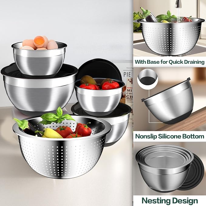 Mixing Bowls with Airtight Lids Set, 4 Stainless Steel Bowls Nesting Bowls & Colander, Kitchen Organizers and Storage Non-Slip Bottom, Size 1.5/2.0/2.5/4.5QT, Great for Mixing & Serving, Black - Image 7