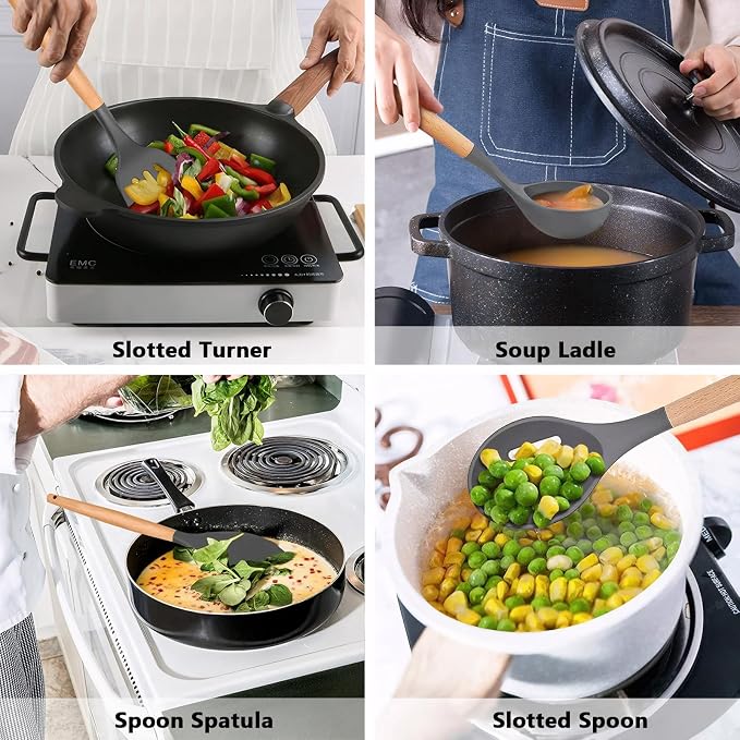 Silicone Cooking Utensils Set 5-Piece Non-Stick Kitchen Utensil Set, Wood Handle Heat Resistant Spatula Spoon Turner Soup Ladle Silicone Cooking Kitchen Gadgets BPA Free for Nonstick Cookware - Image 9