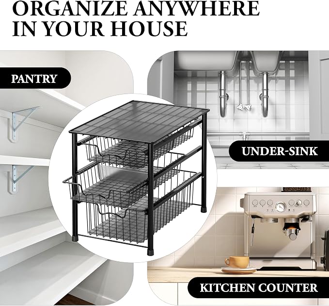 Simple Houseware Stackable 3 Tier Sliding Basket Organizer Drawer, Black - Image 8