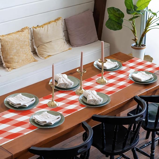 Cupuamon Fabric Checkered Table Runner 1 Pack Waterproof Gingham Table Runner 14W x 108L Buffalo Check Table Runners for Parties Kitchen Dining Wedding Banquet (Red and White) - Image 7