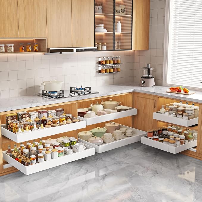 Seinloes 4 Pack Pull Out Cabinet Organizers 21" Deep With Raising Pad for Framed Cabinets, Expandable Width (15.2"-26.3") Slide Out Drawers Upgrade 3 Slide Rails, Roll Out Shelves Adhesive, White - Image 7
