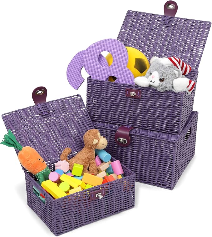 ARPAN Set of 3 Resin Woven Utility Storage Basket Box With Lid & Lock (Purple) - Image 9