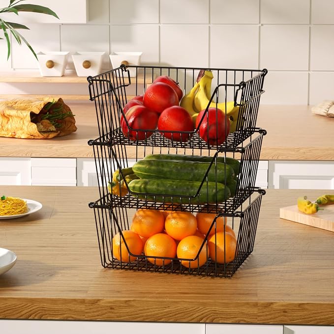 Slideep 14'' Black Stackable Storage Baskets Sturdy Metal Wire Freezer Bins Cabinet Organizer for Pantry Home Kitchen Organization- Set of 6 - Image 5