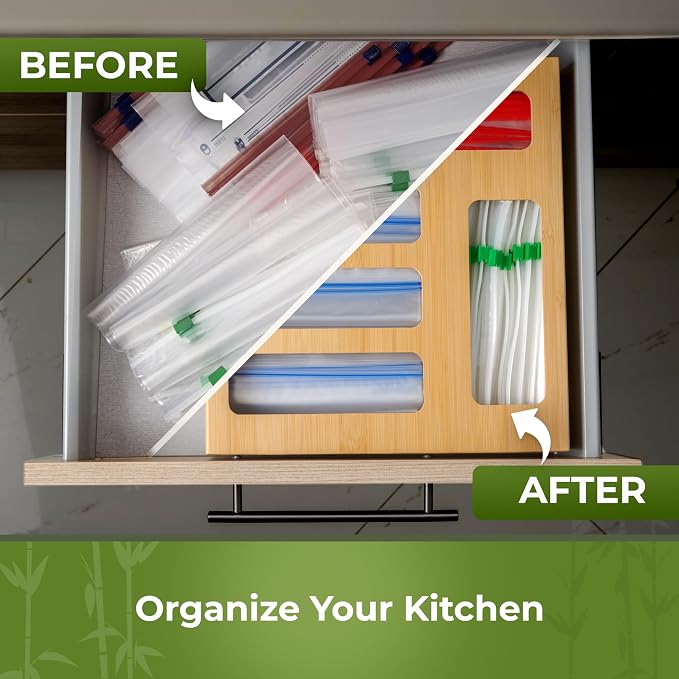 Kitchen Drawer Organizer, 9" 1 Sandwich Storage Bag Organizer & Foil Wrap | Bamboo Storage, Fits Gallon, Quart & Snack Sizes – Wall Mountable, Please Measure Before Ordering - Image 8
