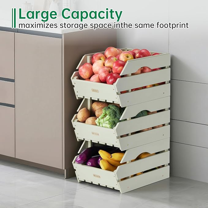 Wood Potato Onion Storage Bins - Wooden Stackable Produce Basket - Fruit Vegetable Storage for Kitchen Pantry Organization, Set 3 Pieces - Image 9