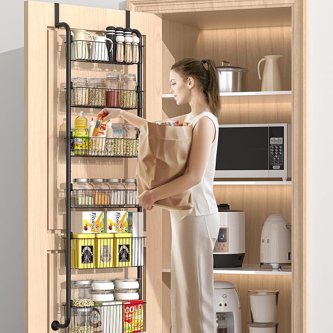 VECELO Kitchen Over the Door Organizer, 6-Tier Pantry Door Organizers and Storage, Metal Sturdy Over the Door Pantry Organizer, Easy Installation Over the Door Storage Spice Rack Shelves, Black - Image 7