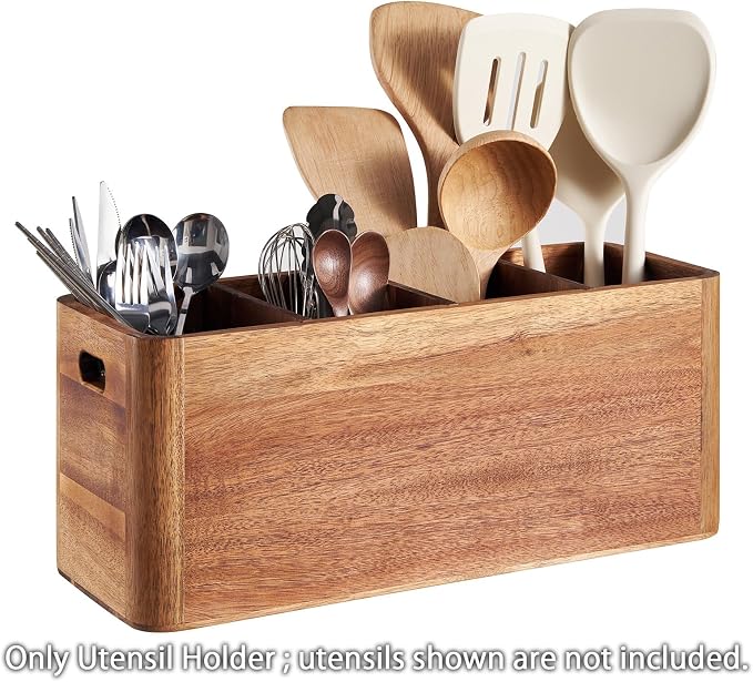 16" Wooden Kitchen Utensil Holder, Extra Large Acacia Wood Organizer for Cooking Tools, Utensils & Cutlery Storage – 4-Compartment Countertop Holder - Image 6