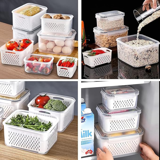 Large Fridge Food Storage Container Set with Lids with Strainer, Fruit Vegetable Storage Containers Keep Fruits, Vegetables, Berry, Meat Fresh longer, BPA-Free Plastic Produce Keepers - Image 5