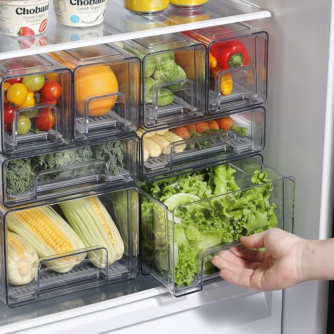 Refrigerator Organizers and Storage Drawers (2PCS, Small) | Produce Water Draining, BPA Free, Stackable, Clear, Fruit and Veggie Organization, Pull Out Bins - Image 8