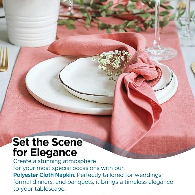 100 pcs Coral 20"x20" Polyester Cloth Napkins | Premium, soft, & durable square linen napkins, perfect for weddings, dining, restaurants, & parties. Washable. - Image 6