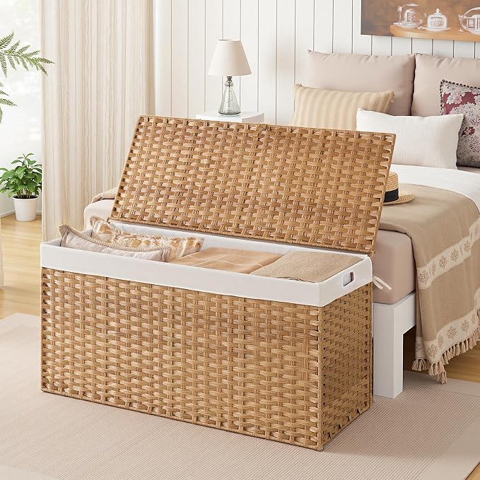 HOOBRO Storage Basket with Lid, 52.8 Gallon (200L) Wicker Basket, Handwoven Blanket Storage Basket with Handles, Metal Frame and Soft Lining, Foldable for Bedroom, Laundry Room, Natural NL220CW01 - Image 8
