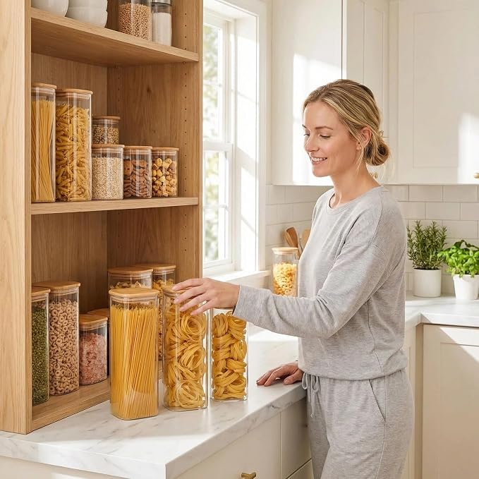 Pasta Storage Containers 3 Pack, 78oz Square Airtight Glass Spaghetti Container with Bamboo Lids, Tall Glass Pasta Storage Jar for Pantry Organization Spaghetti Linguine Fettuccine Cereal - Image 7