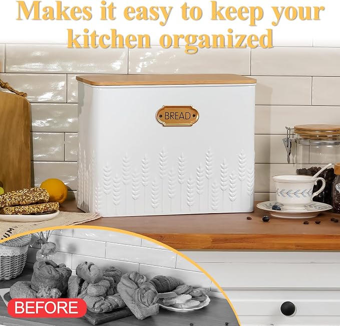 Extra Large Ear of Wheat Embossed Bread Box with Bamboo Lid | Corner Breadbox for Homemade Bread, White Metal Bread Storage Container Bin for Kitchen Countertop, Fits 2 Loaves of Bread - Image 7