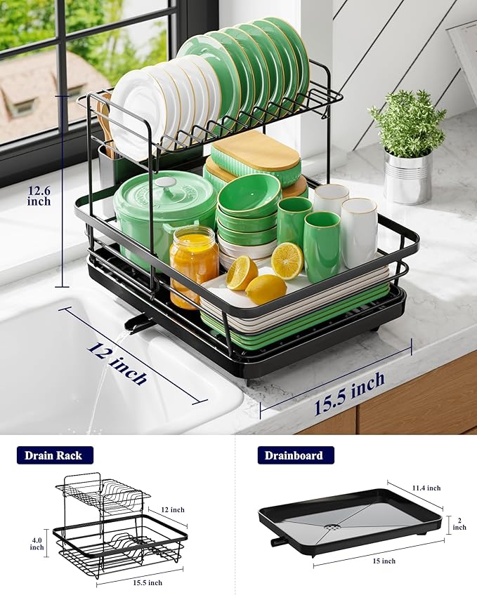 Kitsure Dish Drying Rack for Kitchen Counter, 12''W x 15.5''L, 2-Tiers | Stainless Steel Sink Organization, Cutlery Holder, Home and Appartment Decor Black - Image 2
