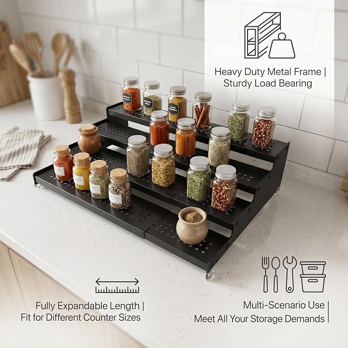 Expandable 4-Tier Spice Metal Shelf Rack, Black, 2 Packs | Kitchen Cabinet and Pantry Organizer, Seasoning Storage, Countertop Organization - Image 6