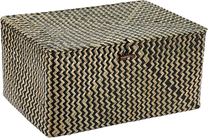 Hipiwe Wicker Shelf Baskets Bin with Lid, Handwoven Seagrass Basket Storage Bins Rectangular Household Basket Boxes for Shelf Wardrobe Home Organizer, Black,X-Large - Image 9