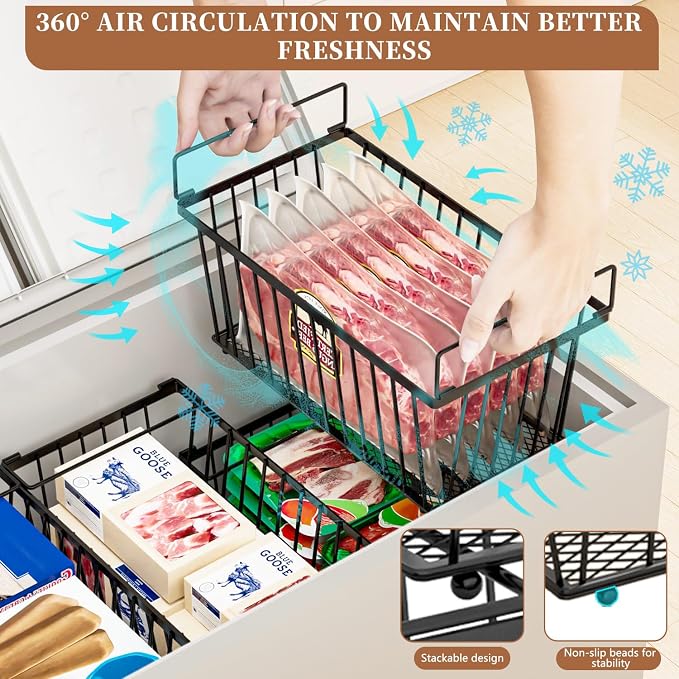 Enhanced Leak-Proof Bottom, Freezer Organizer Bins for 7 Cu.Ft,4 Pack | Stackable Chest Freezer Organizer Bins, Baskets with Handles, Leak-proof Wire Storage Container Baskets for Sort Frozen Meats - Image 8