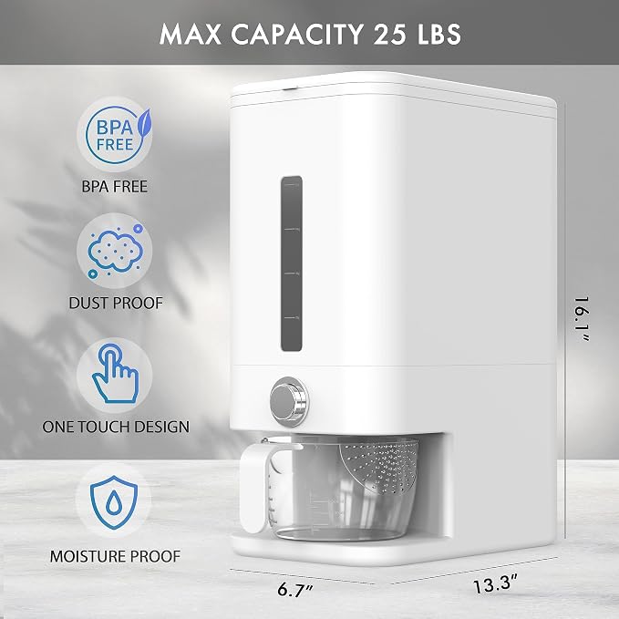 Rice Dispenser - 26.5 lbs Rice Storage Container with Measuring Cup, Rice Scoop & Sponge – Large Cereal Grain Bucket with Scale for Kitchen Pantry Organization, BPA-free, Airtight (White) - Image 6