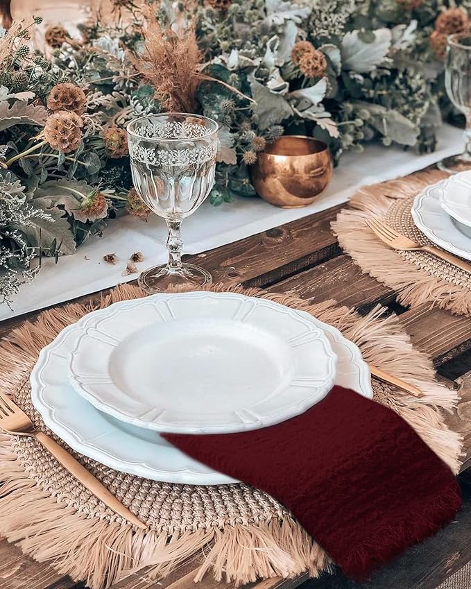 36 Pack Burgundy Napkins Cotton Linen Napkin 16 x 16 Inch Burgundy Napkins Cloth Handmade with Fringe Soft Washable Rustic Dinner Napkin Cloths for Wedding Party Dinner Table - Image 7