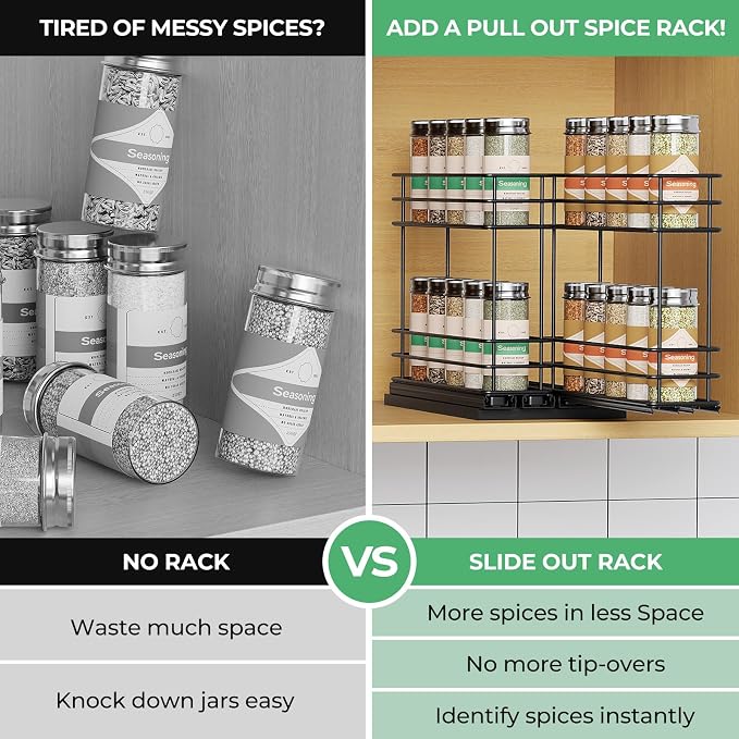 Mystozer Pull Out Spice Rack Organizer for Cabinet, Slide Out Spice Racks, Easy to Install Spice Cabinet Organizers, 5.28" Wx10.43 Dx8.26 H, 2 Drawers 2 Tiers(Black) - Image 8