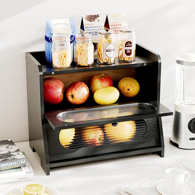 Bread Box,Extra Large 2-Tier Bamboo Bread Box for Kitchen Countertop,Bread Storage Container with Magnetic Acrylic Door for Homemade Bread,Under Cabinet,Pantry Organizer(Black) - Image 8
