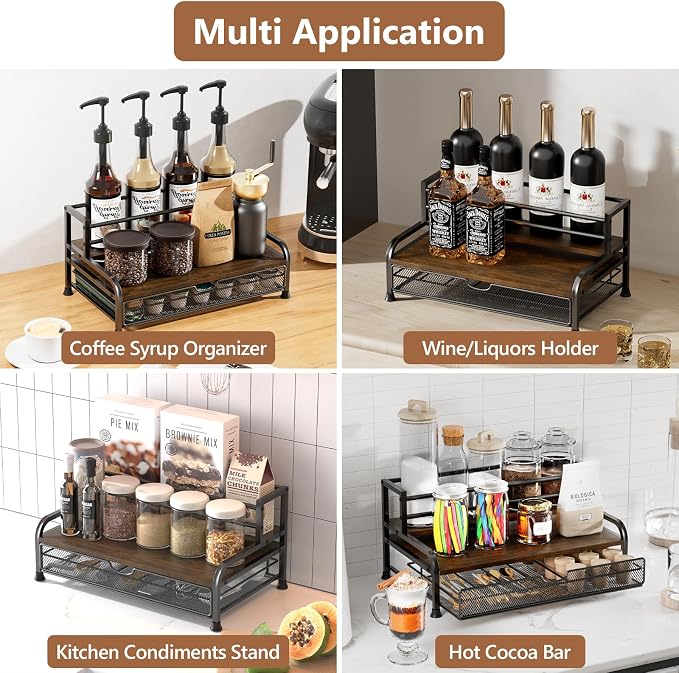 Coffee Syrup Rack Organizer, 3-Tier with 35 K-Cup Pod Holder Drawer | Black Metal Rack for 8 Syrup Bottles,Countertop Bottle Holder Stand for Wine,Space-Saving Design for Kitchen Cafe Station - Image 7