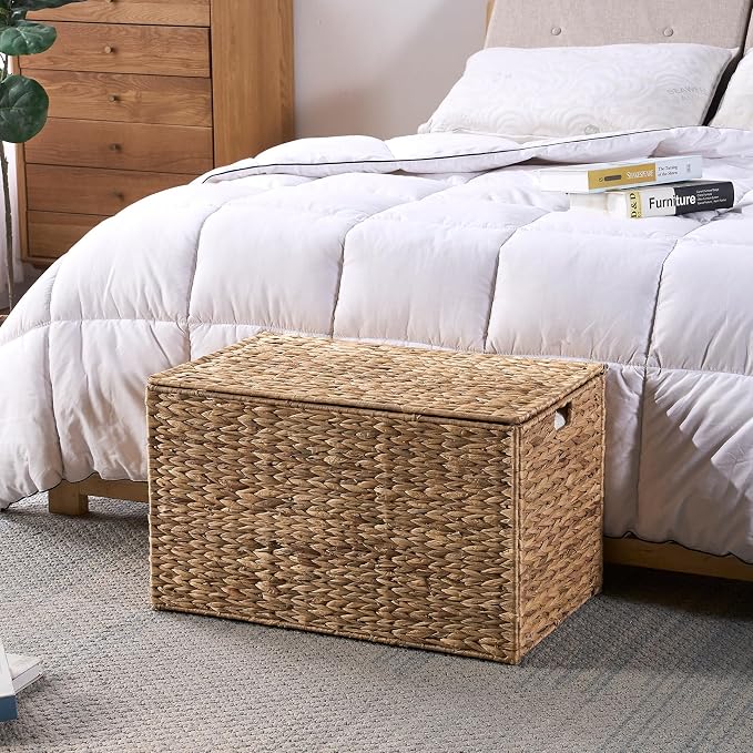 Water Hyacinth Storage Basket with Lid, 52.8 Gallon (200L) Wicker Storage Trunk with Handles, Handwoven Large Wicker Storage Basket for Blanket, Foldable, for Living Room, Bedroom, Natural - Image 8