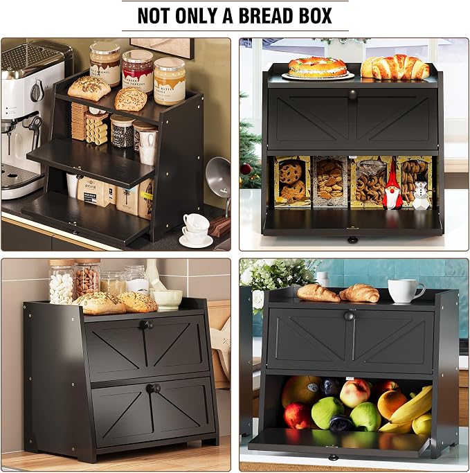 Trironsun Vintage Double Layer Bread Box for Kitchen Counter Bamboo Bread Storage Container Large Capacity Bread Storage Bin (Black) - Image 8