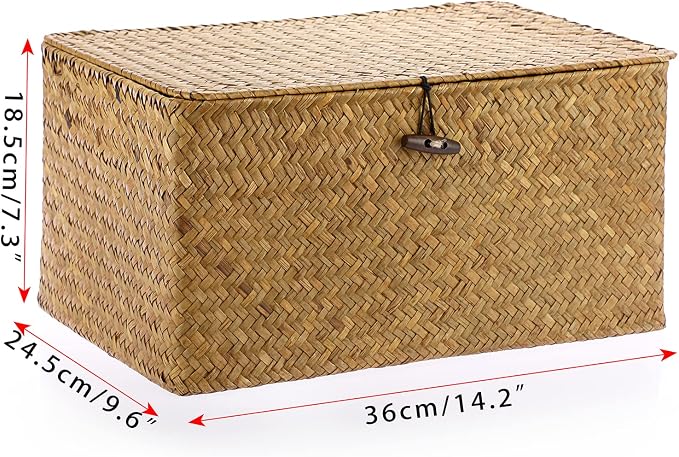 Hipiwe Wicker Shelf Baskets Bin with Lid Woven Seagrass Storage Box, Large | Decorative Basket Organizer Rectangular Household Basket Boxes for Shelf Wardrobe Home Decor, Caramel - Image 6