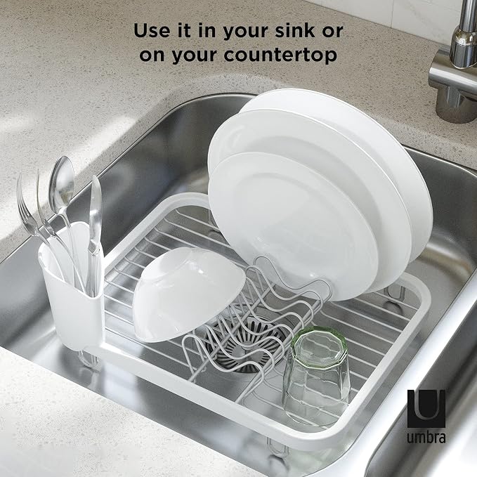 Umbra Sinkin Dish Drying Rack, in Sink or Countertop Drainer, White/Nickel | Removable utensil holder, non slip rubber feet, fits standard sizes, coated wire and plastic - Image 6