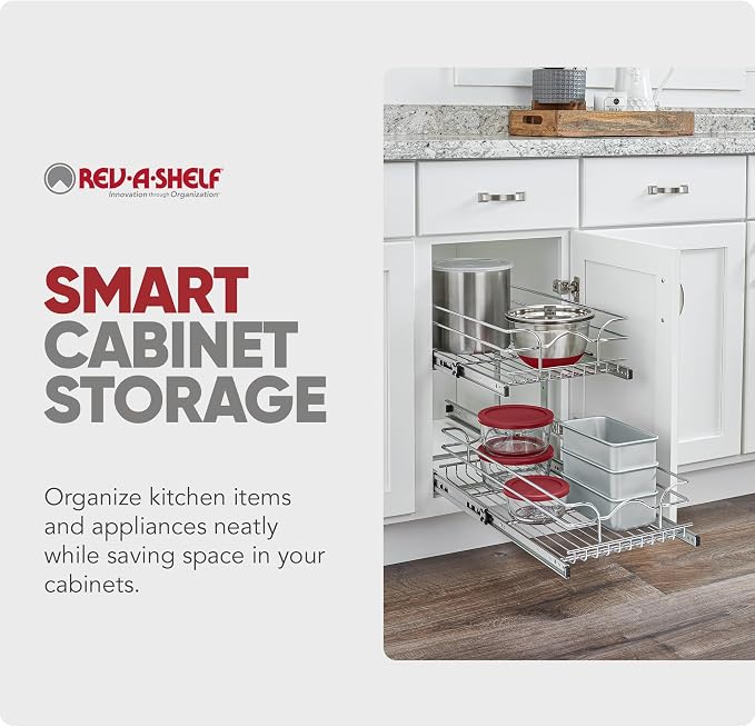Rev-A-Shelf 2-Tier Pullout Shelf and Drawer Organizer for Kitchen Cabinets, Slide Out Storage Basket, Min Opening Width of 8.5", 9" x 22", 5WB2-0922CR-1 - Image 9