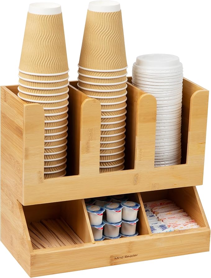 Mind Reader Cup and Condiment Station, Countertop Organizer, Coffee Bar, Kitchen, Bamboo, 13.625"L x 6.75"W x 11.5"H, Brown - Image 5