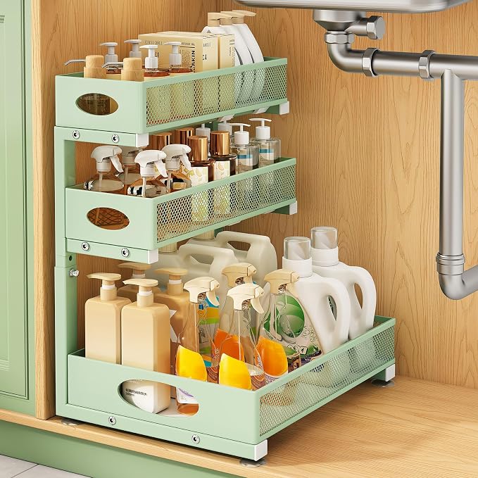 Kitstorack Under Sink Organizer 3-Tier Slide Out Drawer 1-Pack Green | Height Adjustable, Metal Mesh Storage Rack, Pull out Cabinet Organizer Shelf for Bathroom Kitchen Pantry Home Organization by Kitstorack