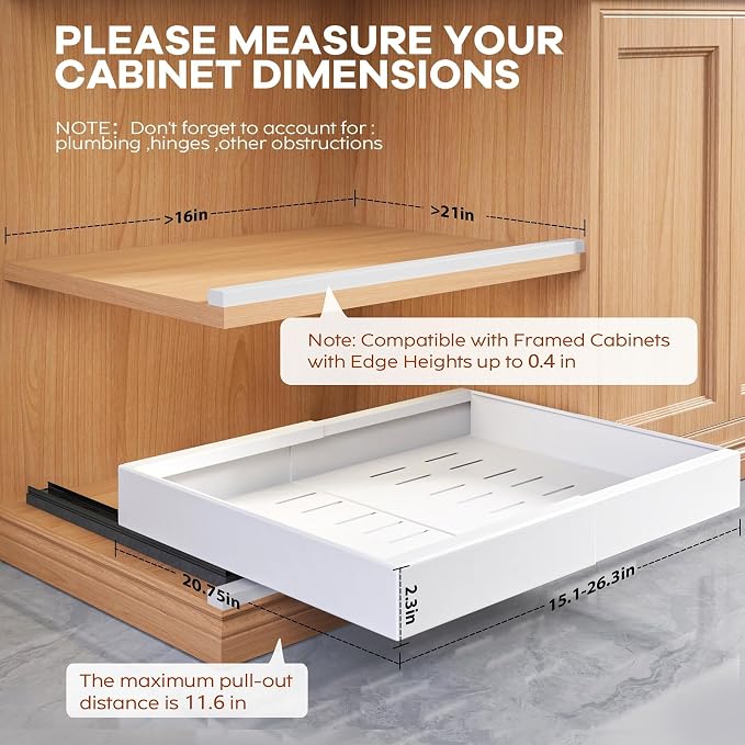 Seinloes 2 Pack Pull Out Cabinet Organizer for Wide Cabinets,Expandable 15.1"-26.3" Width,21" Deep Slide Out Drawers With Raising Pad for Framed Cabinets,3 Slide Rails,No Drill Roll Out Shelves,White - Image 7