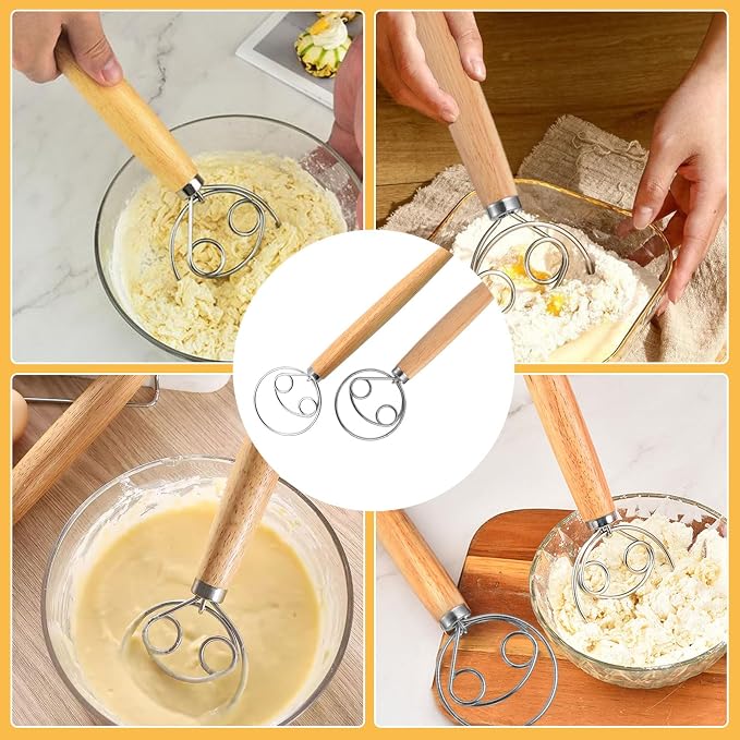 Danish Whisk 2 Pieces Danish Dough Whisk (33 cm & 24 cm) Stainless Steel Wire with Comfortable Wooden Handle Dutch Whisk for Making Cakes Cooking and Baking Sweets - Image 7