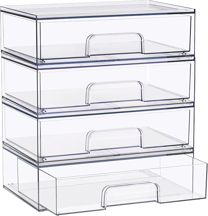 Sorbus Wide Stackable Acrylic Storage Drawers, 4 Pack Clear Plastic Organizer Bins for Baby Bottles, Makeup, Bathroom, Vanity &Countertop Organization, Pull-Out Drawer Design for Cabinets & Pantry - Image 8