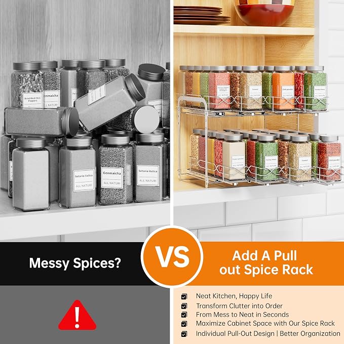 Pull Out Spice Rack,2 Tier Sliding Drawer, Height Adjustable Spice Rack | Chrome, Tape or Screw Mount Available, Fits 4oz Spice Jars Up to 2.0 Inch Diameter for Kitchen Cabinets and Pantry - Image 9